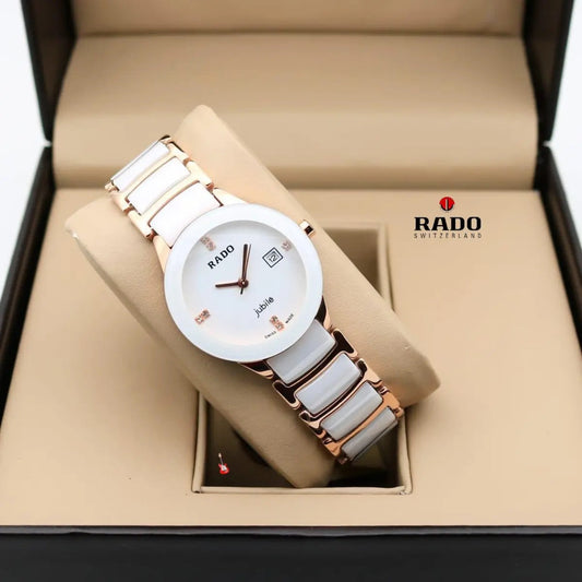 Rado Ceramic White Dated White Dial Color White Ceremic Rosegold and white Strap RD-5873 Luxury Watch For Women's Watch- Best For Women's