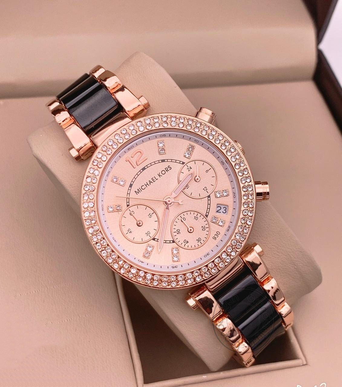 Michael Kors Two-Tone Starp Women's Chronograph Mk-033 Watch For Girl Or Woman Rose Gold Dial Diamond Case Date Best Gift For Women