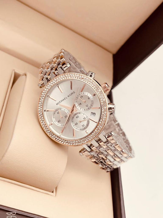 Michael Kors Chronograph Silver And Rose Gold Strap Women’s Watch for Girl or Woman Silver Dial MK-9128