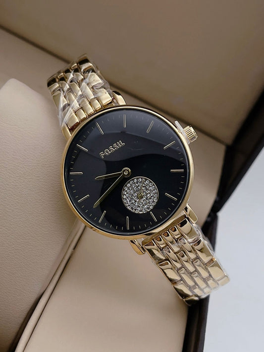 Fossil Women's Quartz Watch Black Dial with Stainless Steel, Golden Strap, Perfect for gifting FS-5568