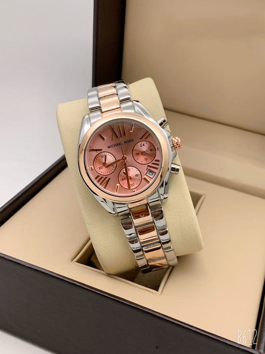 MK Chronograph Silver And Golden Strap Watch for Girl or Women Rose Gold Dial MK-7493