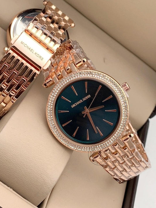 Michael Kors Rose Gold Strap Women's Watch For Girl Or Woman Mk-16 Black Dial Diamond Case Gift Watch