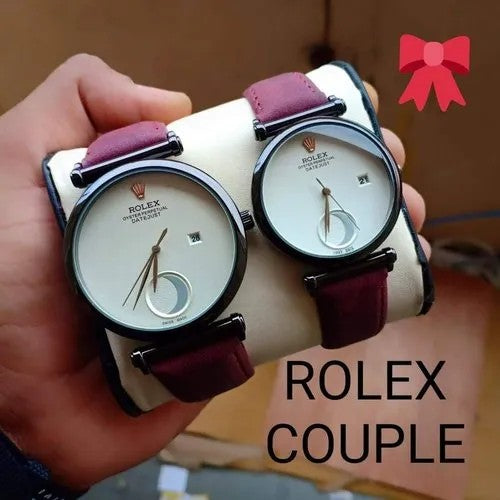 Rolex Analog Perpetual Maroon Leather Watch For Couple White Dial Gold Case Best Gift Watch Ever RLX-CPL-878