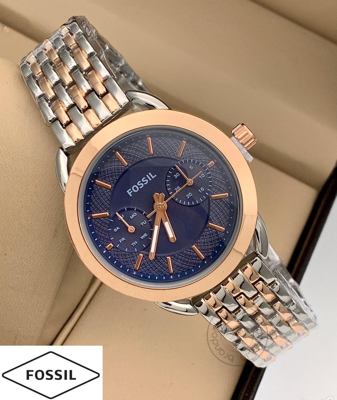 Fossil Rose Gold Silver Women's Es-874 Watch For Girl Or Woman Two Tone Blue Dial - Best Gift For Women