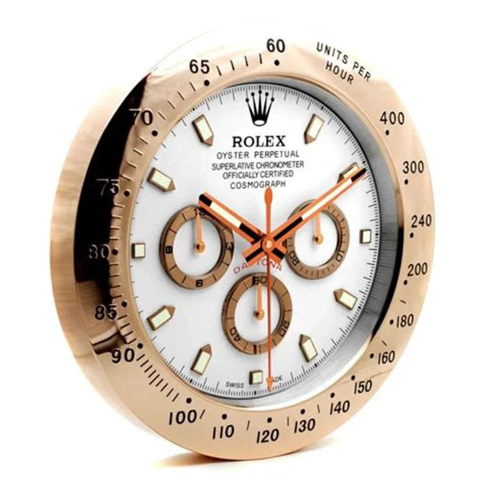 Rolex Wall Clock White Dial With Metal Rose-Gold Case Cosmograph Design Metal Art Wall Clock RLX-WC-788