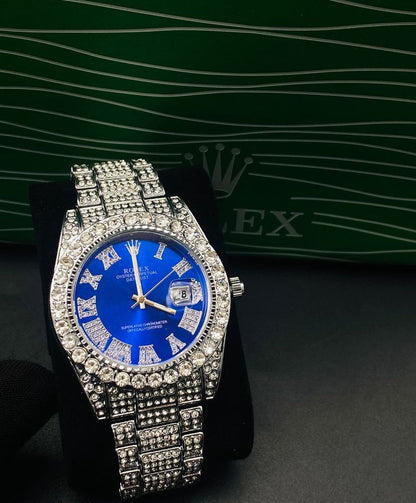 Rolex Analog Diamond Set Silver Watch/ Blue Dial Royal Stainless Steel RLX-8084