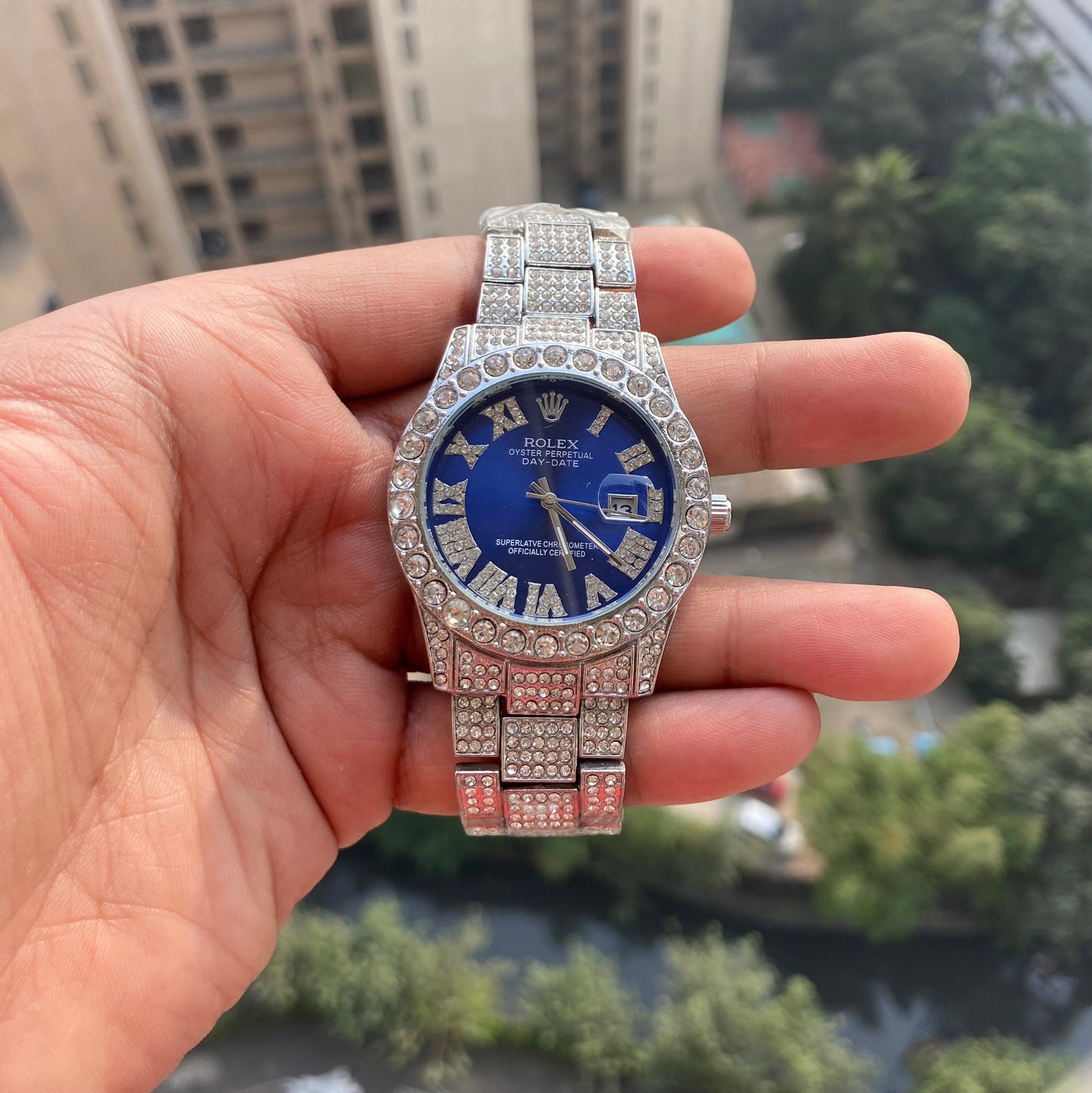 Rolex Analog Diamond Set Silver Watch/ Blue Dial Royal Stainless Steel RLX-8084