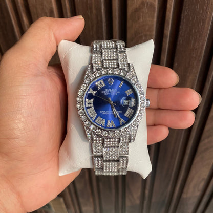 Rolex Analog Diamond Set Silver Watch/ Blue Dial Royal Stainless Steel RLX-8084