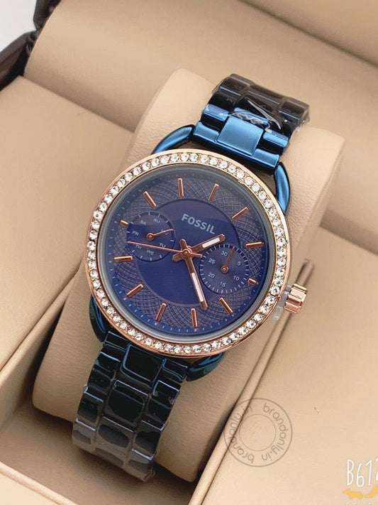 Fossil Blue Metal Diamond's Ring Women's Watch For Girl Or Woman Day And Date Blue Dial Es4259 - Gift