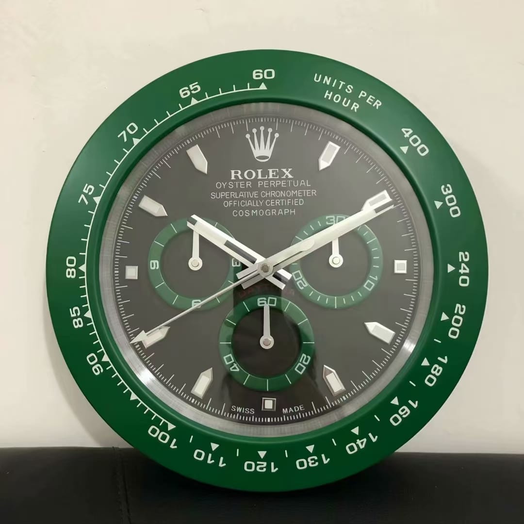 Rolex Wall Clock Black Dial With Green Metal Case Cosmograph Design Metal Art Wall Clock RLX-WC-571