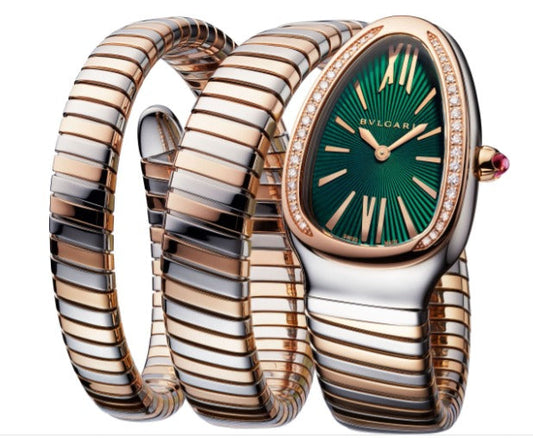 Bvlgari Serpenti Tubogas Analog Watch With Rose Gold? And Silver Color Stainless Steel Case & Strap Watch With Green Opaline Dial Designer Bracelet Strap For Women BV-102791