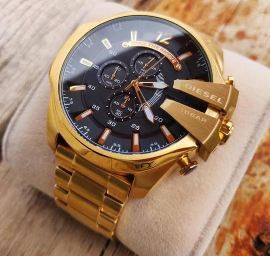 Diesel Mega Chief Chronograph Full Gold Black Dial Men's Watch for man DZ4361 Gift