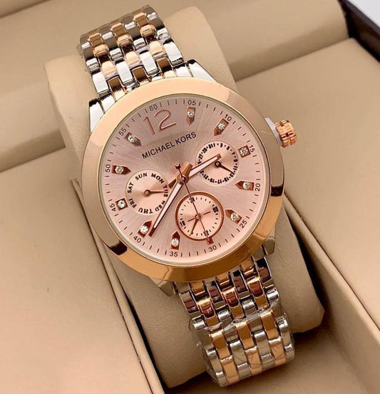 Michael Kors Gold Silver Womens Watch For Girl Or Woman Rose Gold Mk558 Dial Best Gift Day Date MK-558