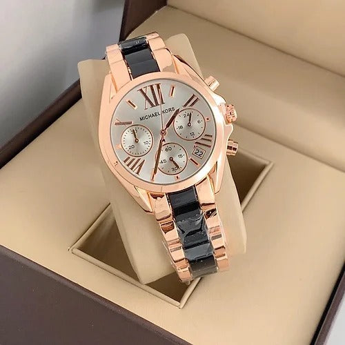 MK Chronograph Rose Gold And Black Strap Women's Watch for Girl or Women White Dial MK-9209